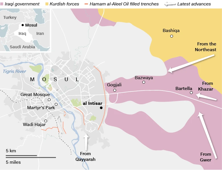 Bản đồ đà tiến cho thấy liên quân Iraq đã áp sát đầu não của IS ở Mosul. Màu hồng: quân đội Iraq; vàng: lực lượng tay súng người Kurd.