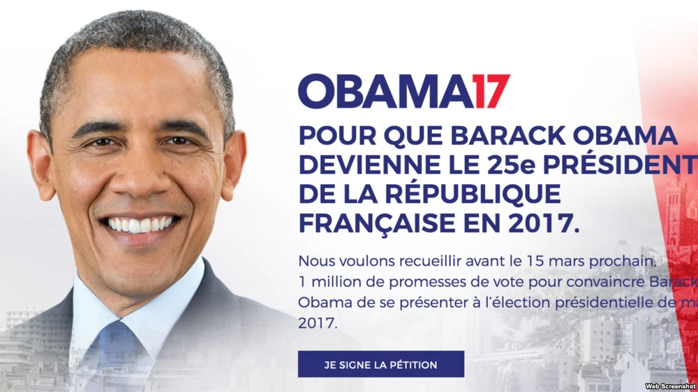 Ảnh Tổng thống Obama trên trang web kêu gọi ký tên đồng ý cho ông tranh cử tổng thống Pháp. Ảnh: VOA