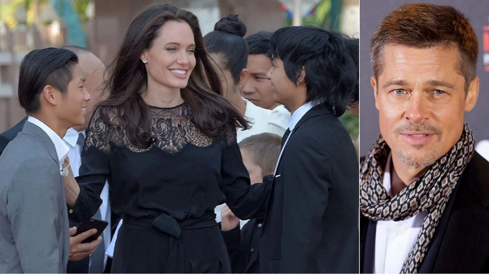Angelina Jolie với các con (trái) và Brad Pitt (phải). Ảnh: AFP