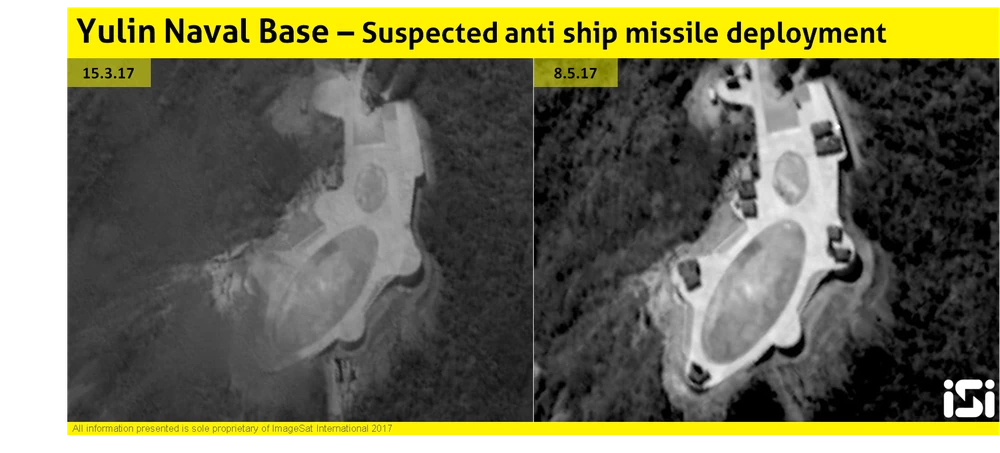 Hình ảnh vệ tinh do ISI chụp ngày 8-5 cho thấy Trung Quốc chuẩn bị đưa tên lửa chống tàu ra căn cứ Du Lâm.