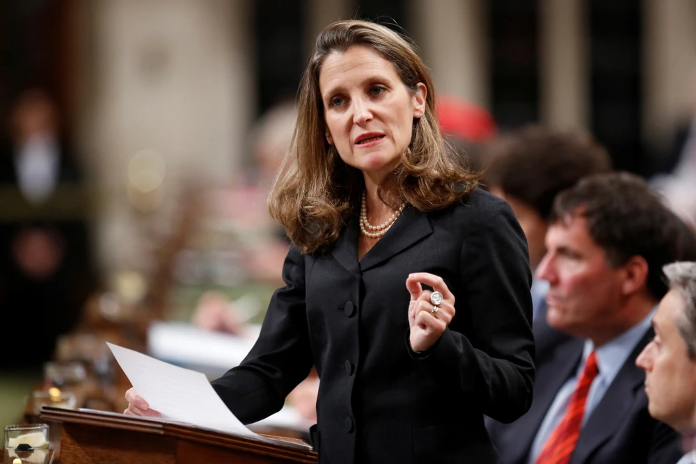 Ngoại trưởng Candana Chrystia Freeland phát biểu tại Hạ viện Canada ngày 6-6. Ảnh: REUTERS