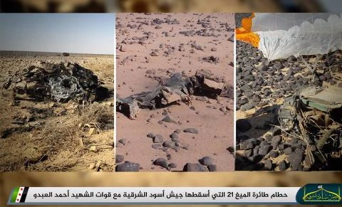 Xác chiếc tiêm kích đánh chặn MiG-21 do Nga sản xuất bị phe nổi dậy Syria bắn rơi. Ảnh: TWITTER