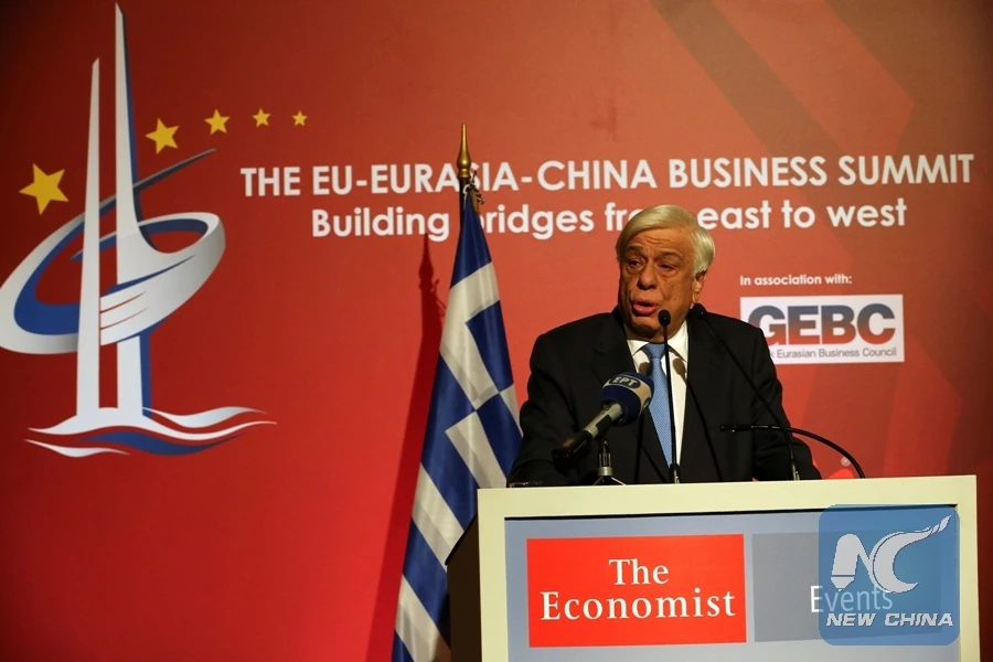 Tổng thống Hy Lạp Prokopis Pavlopoulos khen ngợi Sáng kiến Vành đai và Con đường tại hội nghị thượng đỉnh kinh doanh Liên minh châu Âu-Á Âu-Trung Quốc ngày 9-10 ở Athens (Hy Lạp). Ảnh: THX