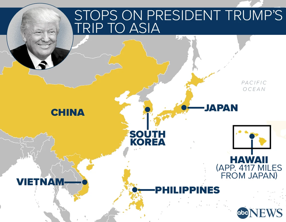 Các điểm đến trong chuyến công du châu Á sắp tới của Tổng thống Trump: dừng chân ở Hawaii, sau đó sang Nhật, Hàn Quốc, Trung Quốc, Việt Nam, và Philippines. Ảnh: ABC NEWS