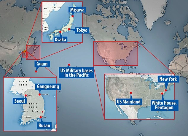Bản đồ minh họa các địa điểm Ủy ban Quan hệ Đối ngoại châu Âu cho sẽ là mục tiêu tấn công hạt nhân của Triều Tiên. Ảnh: DAILY MAIL