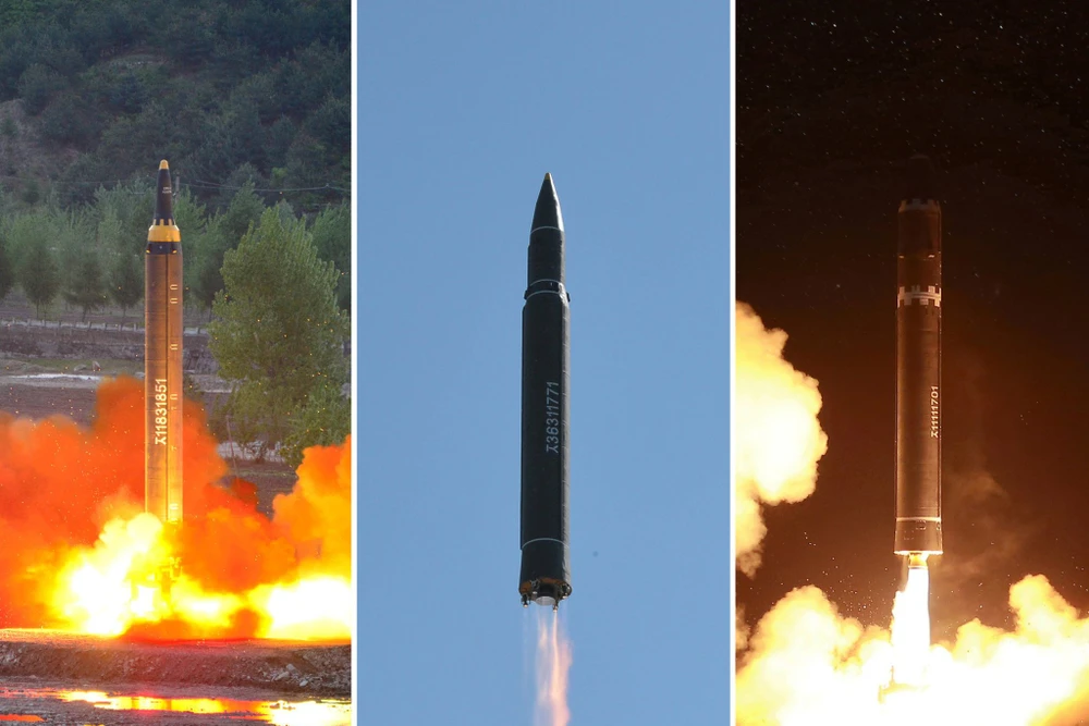 Từ trái sang: Các tên lửa Hwasong-12, Hwasong-14, và Hwasong-15 của Triều Tiên. Ảnh: KCNA