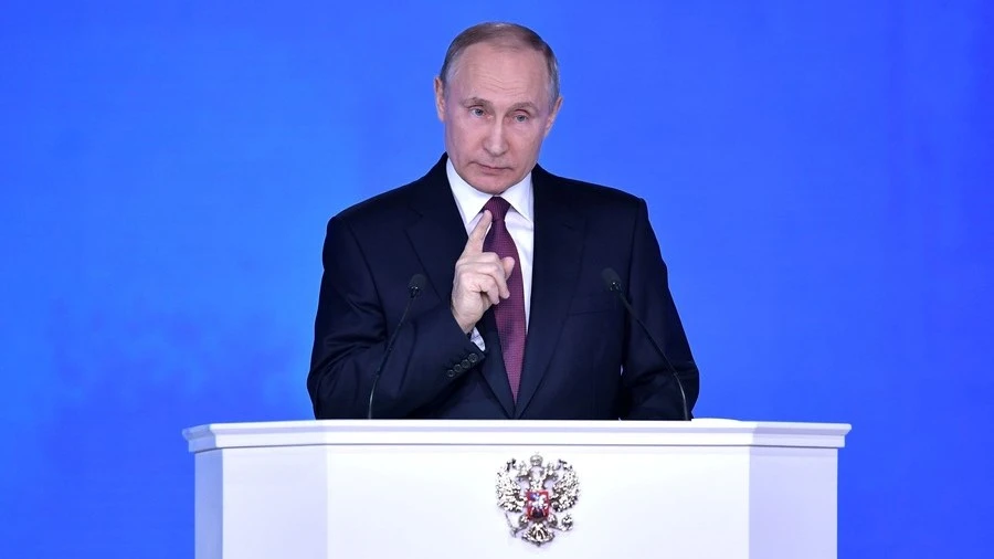 Tổng thống Nga Vladimir Putin phát biểu thông điệp liên bang trước Quốc hội Nga ngày 1-3. Ảnh: RUSSIA TODAY