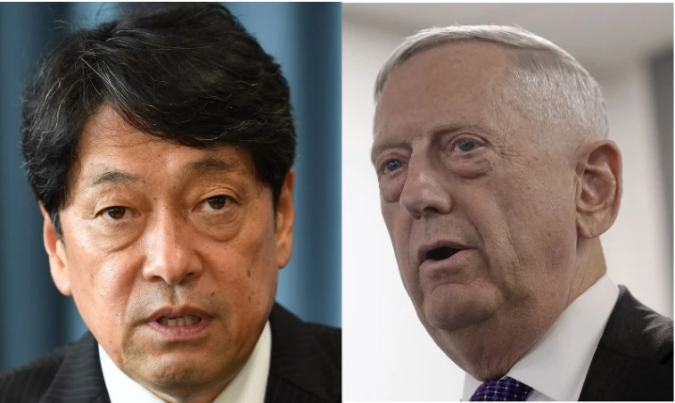 Bộ trưởng Quốc phòng Nhật Itsunori Onodera (trái) và Bộ trưởng Quốc phòng Mỹ James Mattis thống nhất phải buộc Triều Tiên từ bỏ hoàn toàn hạt nhân. Ảnh: REUTERS