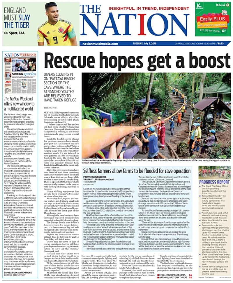 Tờ THE NATION sáng nay 3-7 cũng thiếu thông tin các thợ lặn đã tìm thấy đội bóng nhí còn sống.