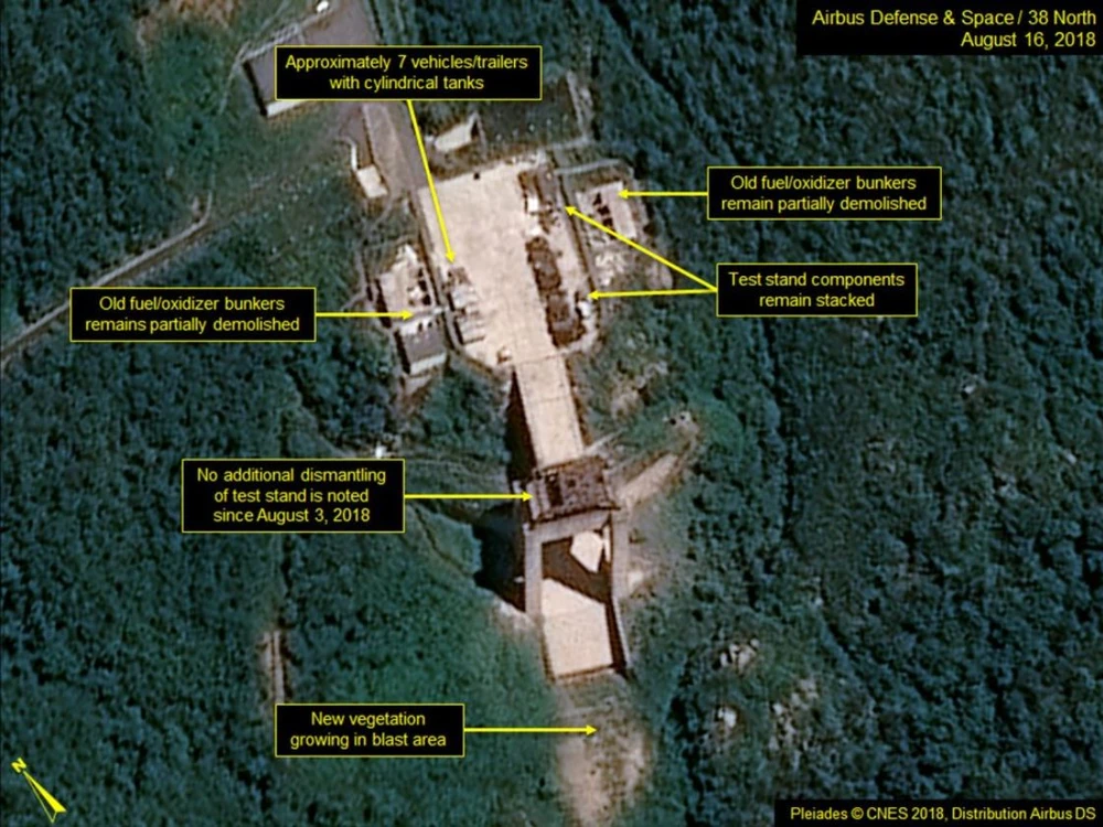 Triều Tiên đã ngưng hoạt động tháo dỡ Trạm phóng vệ tinh Sohae từ ngày 3-8. Ảnh: 38 NORTH