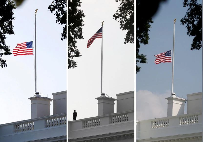 Cờ Nhà Trắng hạ thấp một nửa sáng 26-8 tưởng niệm nghị sĩ McCain (trái), được nâng cao lên lại vào sáng 27-8 (giữa), và sau đó được hạ thấp xuống lại chiều 27-8 (phải). Ảnh: REUTERS