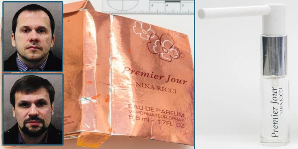 Chai nước hoa nữ ‘Premier Jour’ của hãng Nina Ricci được dùng chứa chất độc Novichok, và 2 nam nghi can người Nga. Ảnh: BUSINESS INSIDER