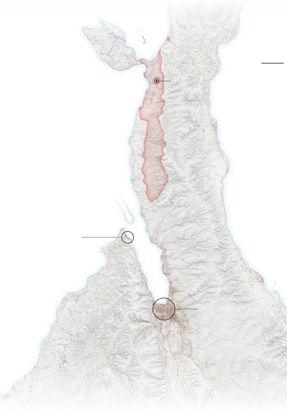 Palu (vòng tròn lớn), Donggala (vòng tròn nhỏ), tâm chấn động đất (vòng tròn màu đỏ). Ảnh: USGS