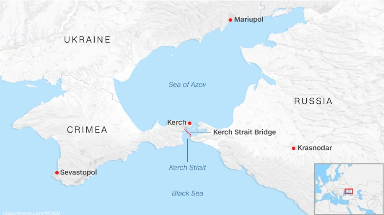 Eo biển Kerch (chấm đỏ ở giữa), nơi xảy ra sự việc Nga bắt ba tàu hải quân Ukraine. Ảnh: CNN