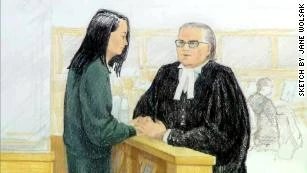 Phác thảo hình ảnh bà Mạnh tại tòa án Vancouver (Canada). Ảnh: CNN