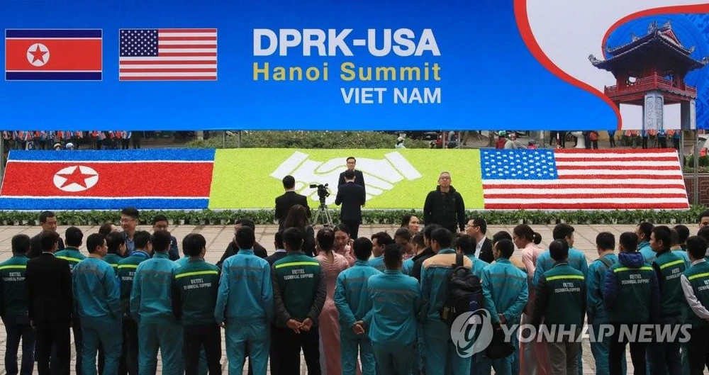 Trung tâm Truyền thông Quốc tế tại Cung Văn hóa Hữu nghị chuẩn bị cho cuộc gặp thượng đỉnh thứ hai giữa Tổng thống Mỹ Donald Trump và lãnh đạo Triều Tiên Kim Jong-un. Ảnh: YONHAP