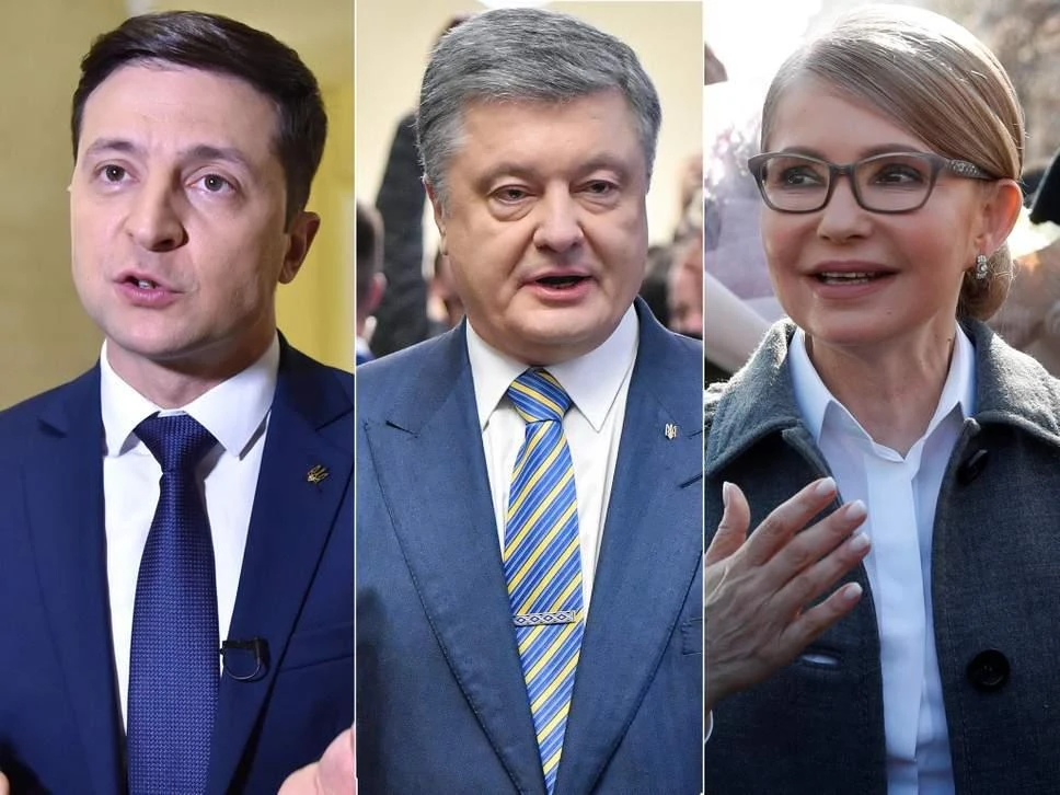 Ba ứng viên từ trái qua: Diễn viên hài Volodymyr Zelenskiy, đương kim Tổng thống Petro Poroshenko, cựu Thủ tướng Yukia Tymoshenko. Ảnh: INDEPENDENT