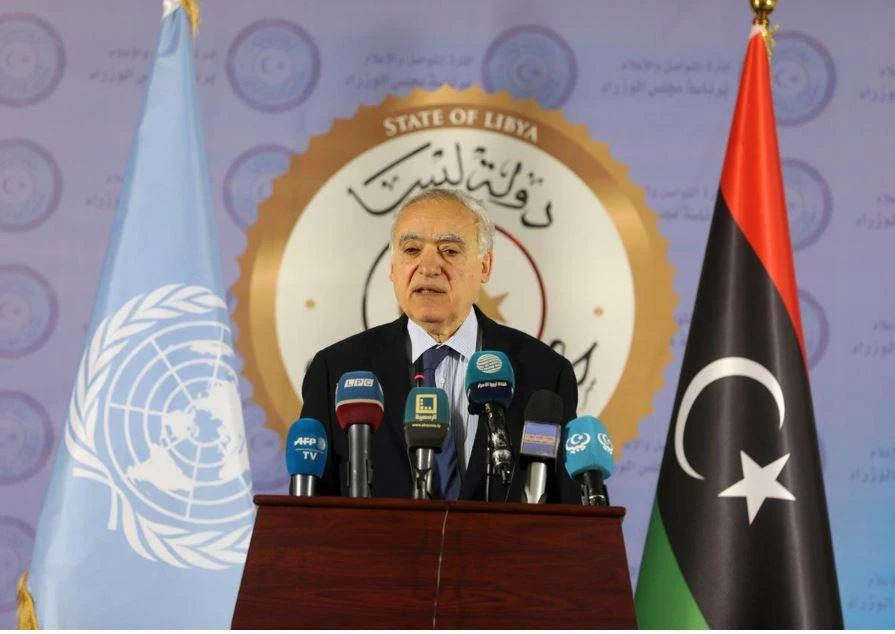Đặc phái viên Liên Hiệp Quốc về Libya Ghassan Salame họp báo ở Tripoli (Libya) ngày 6-4. Ảnh: REUTERS