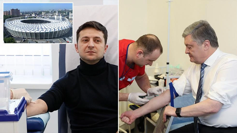Hai ông Zelenskiy (trái) và ông Poroshenko cùng thử máu kiểm tra ma túy và kết quả cả hai đều âm tính với ma túy. Ảnh: REUTERS