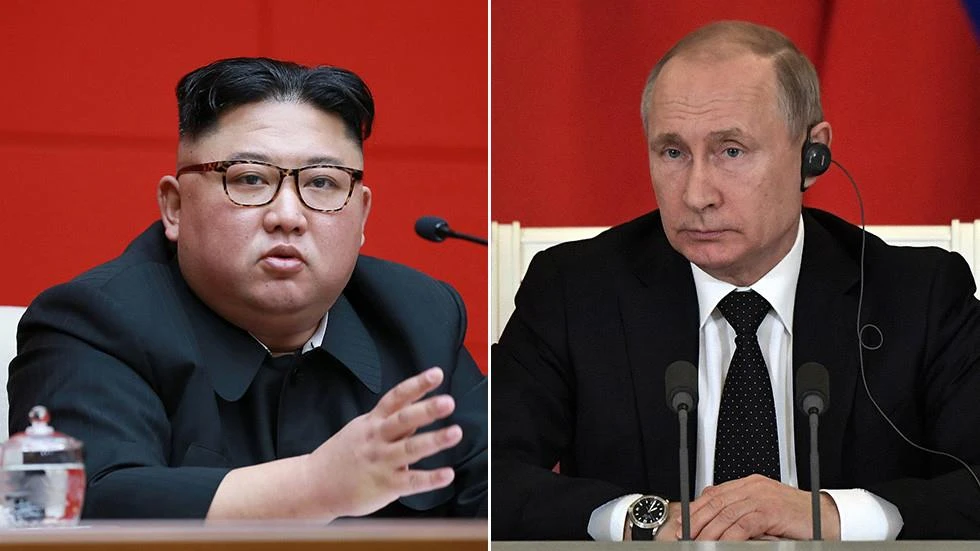 Lãnh đạo Triều Tiên Kim Jong-un (trái) đã lên tàu khởi hành sang Nga gặp Tổng thống Vladimir Putin (phải). Ảnh: REUTERS
