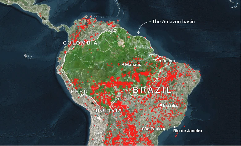 Bản đồ thống kê các đám cháy ở rừng Amazon hiện tại. Ảnh: CNN