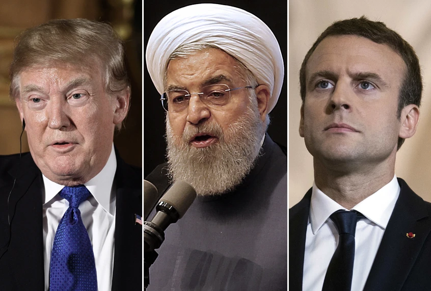 Từ trái sang: Tổng thống Mỹ Donald Trump, Tổng thống Iran Hasan Rouhani, Tổng thống Pháp Emmanuel Macron. Ảnh: SALON