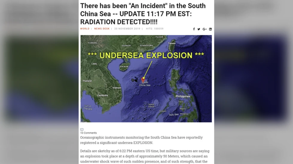 Ảnh chụp màn hình trang web của Hal Turner Radio Show đưa thông tin về “vụ nổ hạt nhân dưới biển Đông”. Ảnh: RT