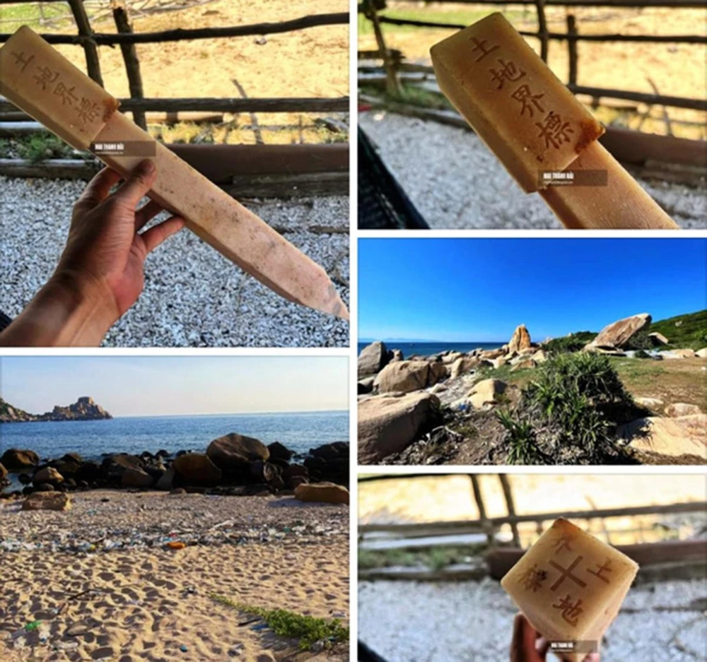 Hình ảnh cọc nhựa có chữ Trung Quốc ở bán đảo Đầm Môn. Ảnh: Chụp màn hình Facebook Mai Thanh Hải.