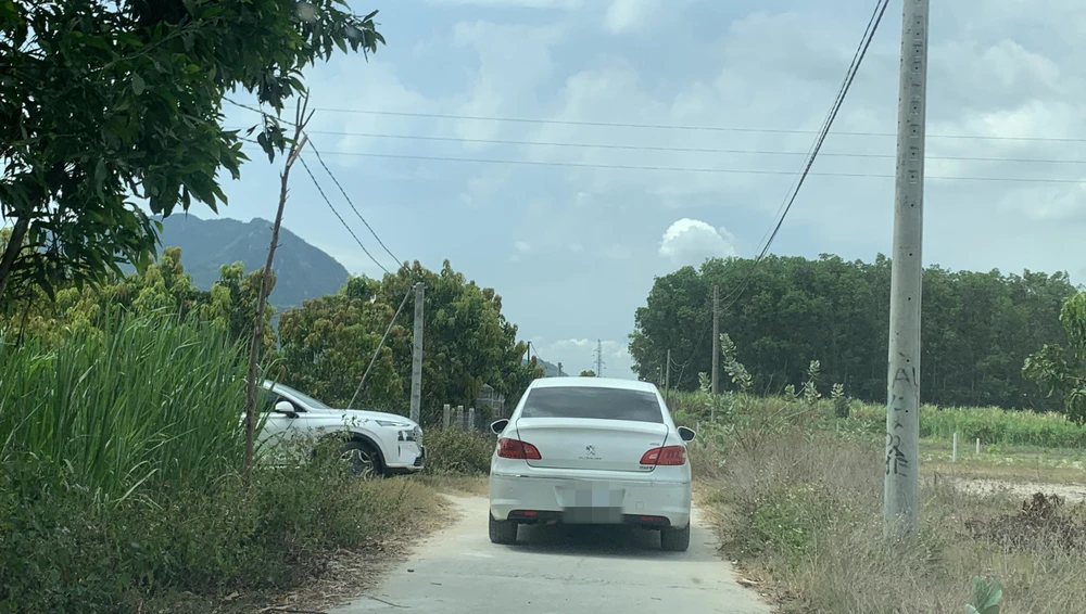 Những chiếc ô tô hạng sang chở nhóm người livestream quảng cáo đất. Ảnh: H.H Những chiếc ô tô hạng sang chở nhóm người livestream quảng cáo đất. Ảnh: H.H