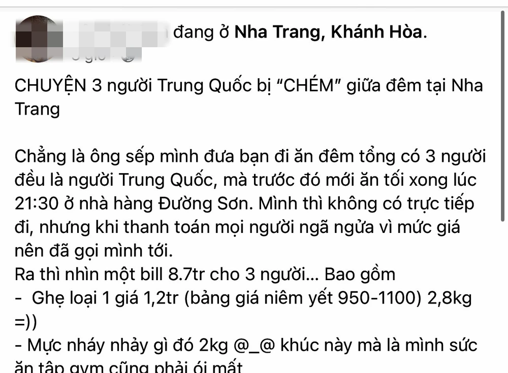 TP Nha Trang đã nhắc nhở người tố nhà hàng "chặt chém" không đúng sự thật. Ảnh chụp màn hình.