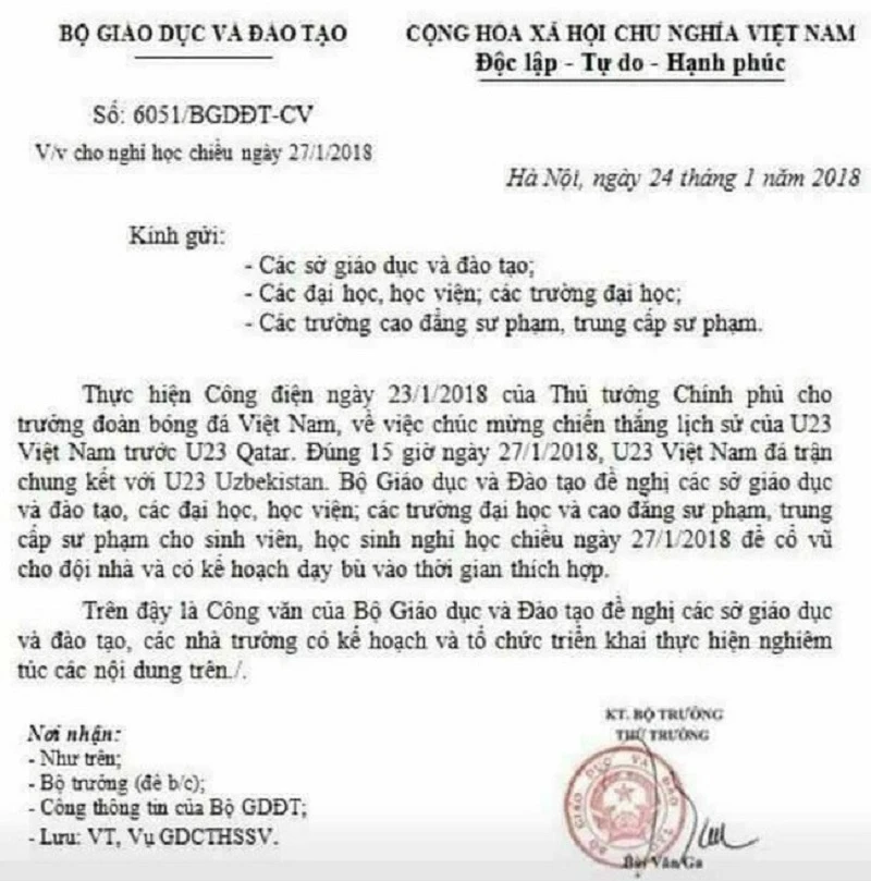  'Công văn' của Bộ GD-ĐT cho nghỉ học cổ vũ U23 là giả ảnh 1