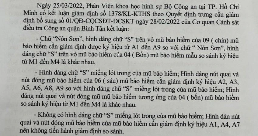 Kết quả giám định của Phân viện Khoa học hình sự Bộ Công an. Ảnh: H.YẾN