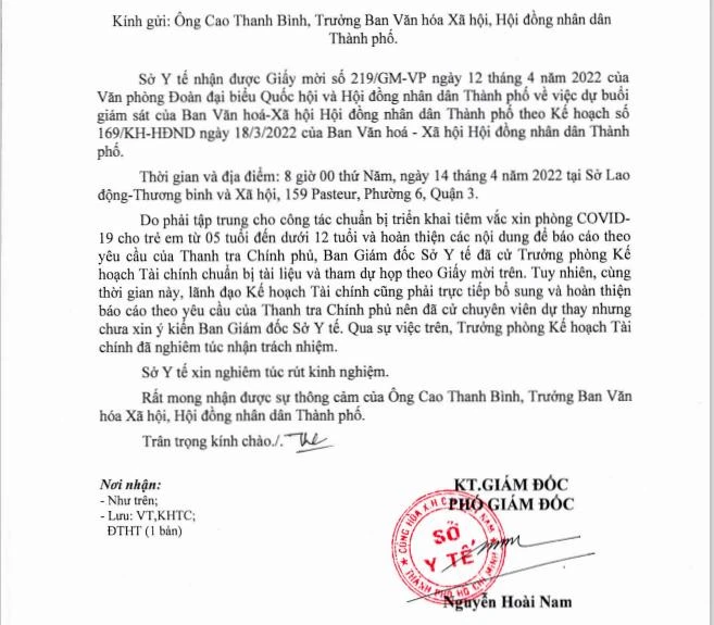 Nội dung thư xin lỗi của Sở Y tế TP.HCM gửi ông Cao Thanh Bình, Trưởng Ban Văn hóa Xã hội - HĐND TP.HCM