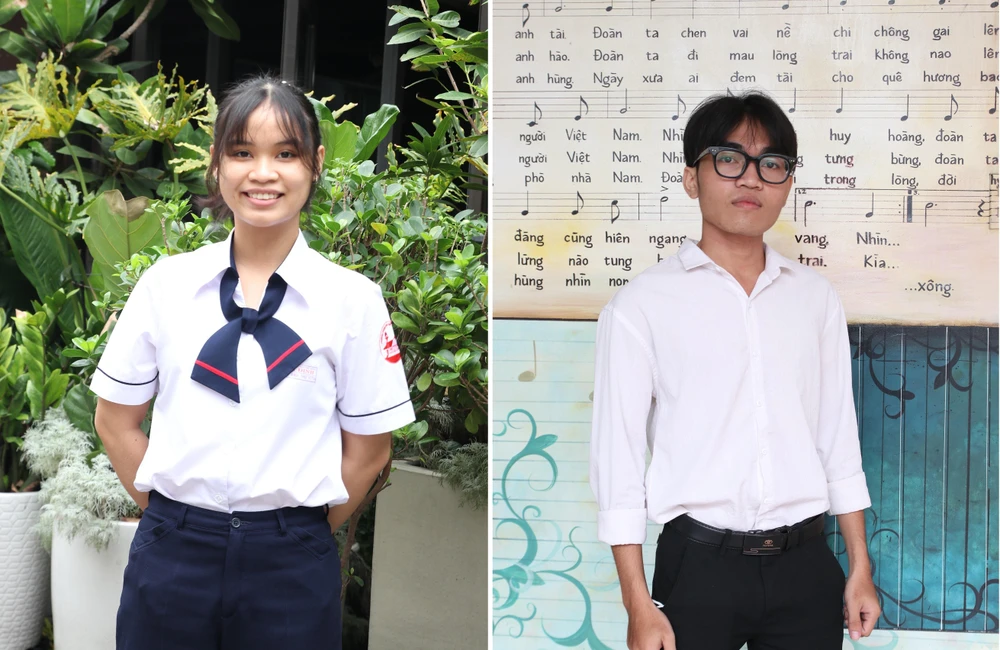 Em Hoàng Thị Anh Thư và em Kpă Mạnh thụ hưởng học bổng Vừ A Dính. Ảnh: NGUYỄN THẮM