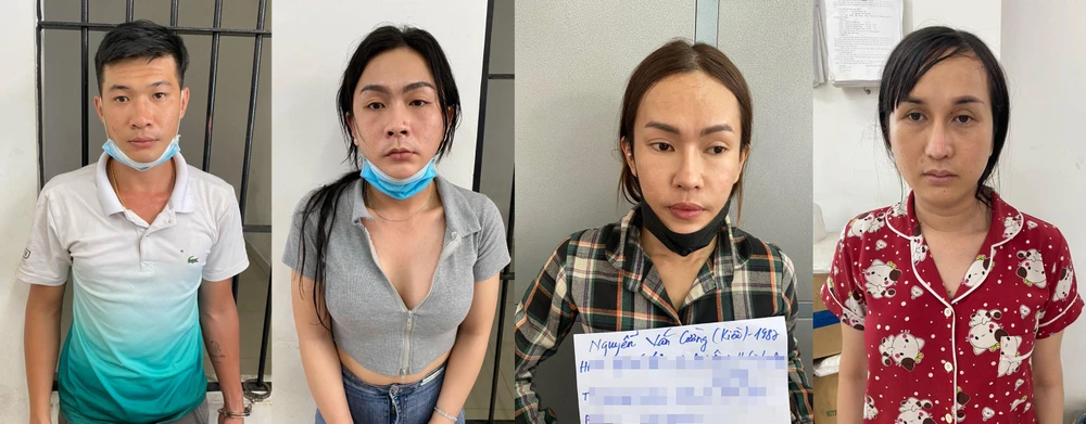 Nhóm móc túi gồm Hưng, Duy, Cường, Linh (từ trái qua)tại cơ quan điều tra.