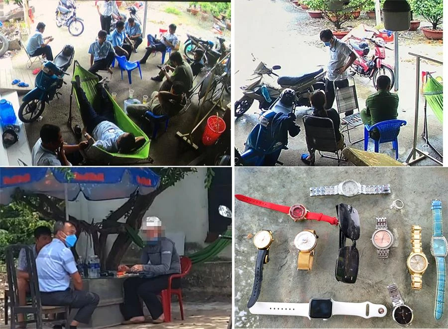 Theo thứ tự từ trái qua: Lúc cưỡng chế tháo dỡ nhà, các cán bộ trong đoàn cưỡng chế không giám sát việc tháo dỡ mà đến ngồi tại đầu hẻm. Công an khu vực và cán bộ phường đại diện đoàn cường chế đến trả lại đồng hồ cho chị C. Ông Giảng Phan Hồng Phúc, Phó Chủ tịch phường Hiệp Bình Chánh, TP Thủ Đức, Trưởng đoàn cưỡng chế đến xin lỗi và trả lại đồng hồ cho vợ chồng chị C. Đồng hồ, nhẫn, mắt kính bị lấy đã được trả lại cho gia đình chị C. Ảnh: TS