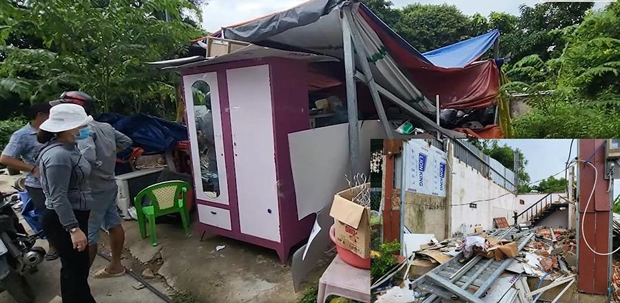 Đoàn cưỡng chế tập kết tài sản của gia đình bà C ở bãi đất trống và căn nhà bị phá dỡ (ảnh nhỏ). Ảnh: T.SANG