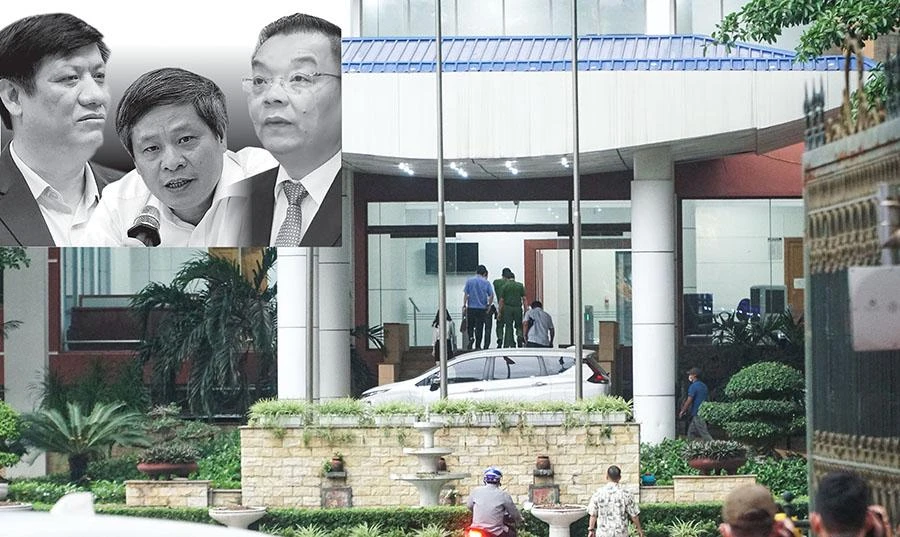 Chiều 7-6, tại trụ sở Bộ Y tế, lực lượng công an, kiểm sát viên vào tòa nhà. Ảnh nhỏ(từ trái qua): Các bị can Nguyễn Thanh Long, Phạm Công Tạc, Chu Ngọc Anh. Ảnh: PHI HÙNG