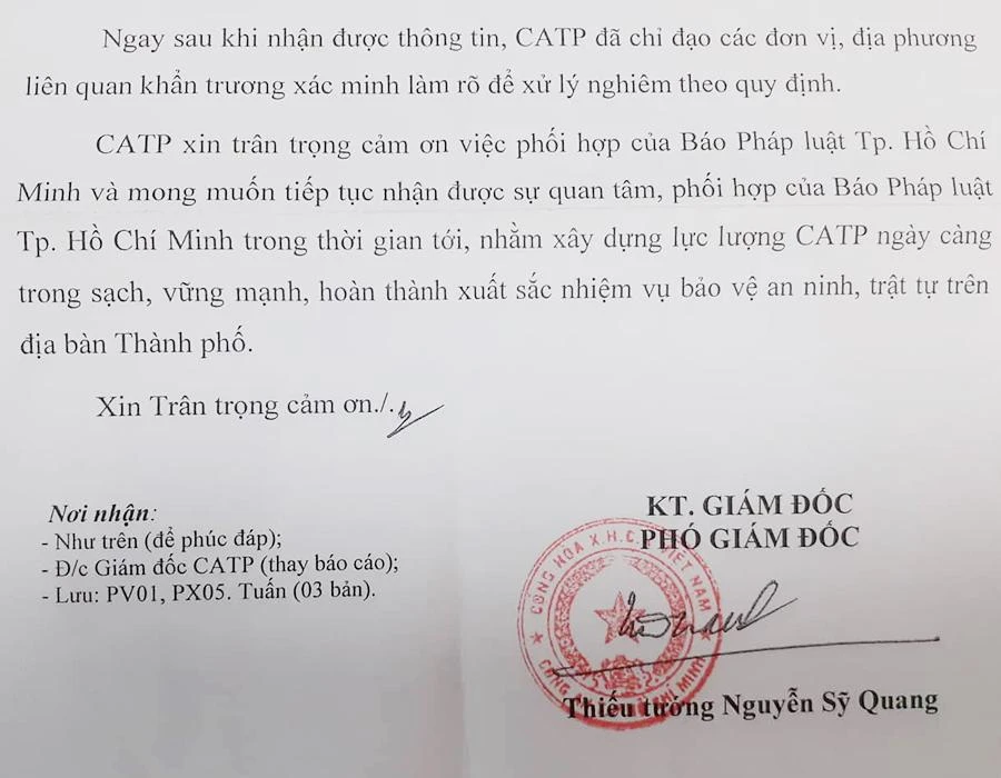Công văn cám ơn của Thiếu tướng Nguyễn Sỹ Quang, Phó Giám đốc Công an TP.HCM. Công văn cám ơn của Thiếu tướng Nguyễn Sỹ Quang, Phó Giám đốc Công an TP.HCM.