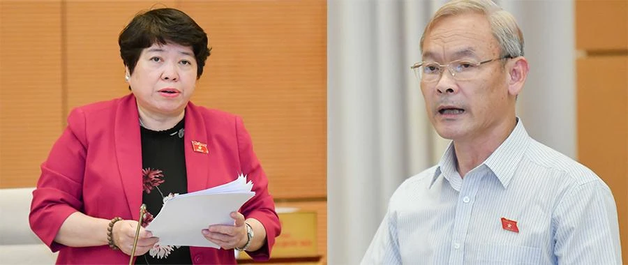Chủ nhiệm Ủy ban Tài chính - Ngân sách Nguyễn Phú Cường (bên phải) và Chủ nhiệm Ủy ban Xã hộiNguyễn Thúy Anh phát biểu tại phiên họp. Ảnh: Quochoi.vn