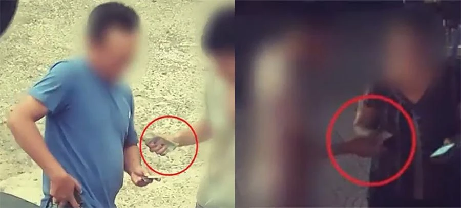 Sau khi liên lạc với cò Tuấn, các phụ xe giao tiền “mua đường”. Ảnh: V.TÙNG - T.SANG