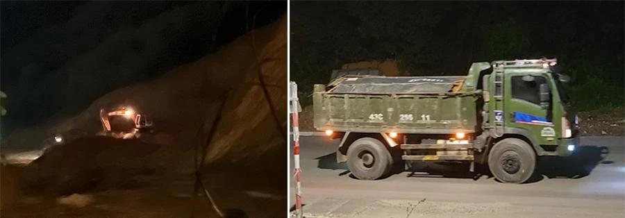 Xe múc đất làm việc hết công suất dưới chân đồi tại đèo Ông Gấm rồi chở đi san lấp nhiều nơi ở TP Đà Nẵng vào ban đêm.