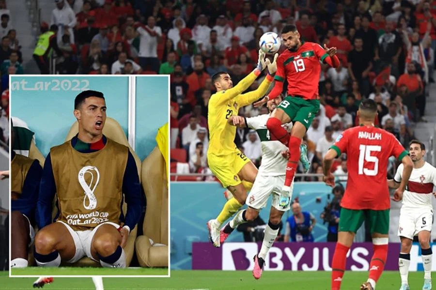 Cú bật cao của Youssef En Nesyri hạ gục Bồ Đào Nha bằng pha đánh đầu đã thành thương hiệu của Ronaldo. Ảnh: GETTY IMAGES