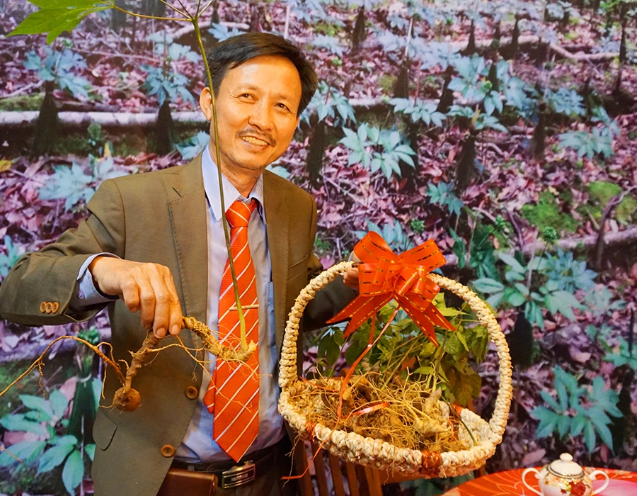 Ông Nguyễn Thành Chung giới thiệu sản phẩm tại lễ hội sâm. Ảnh: LÊ KIẾN