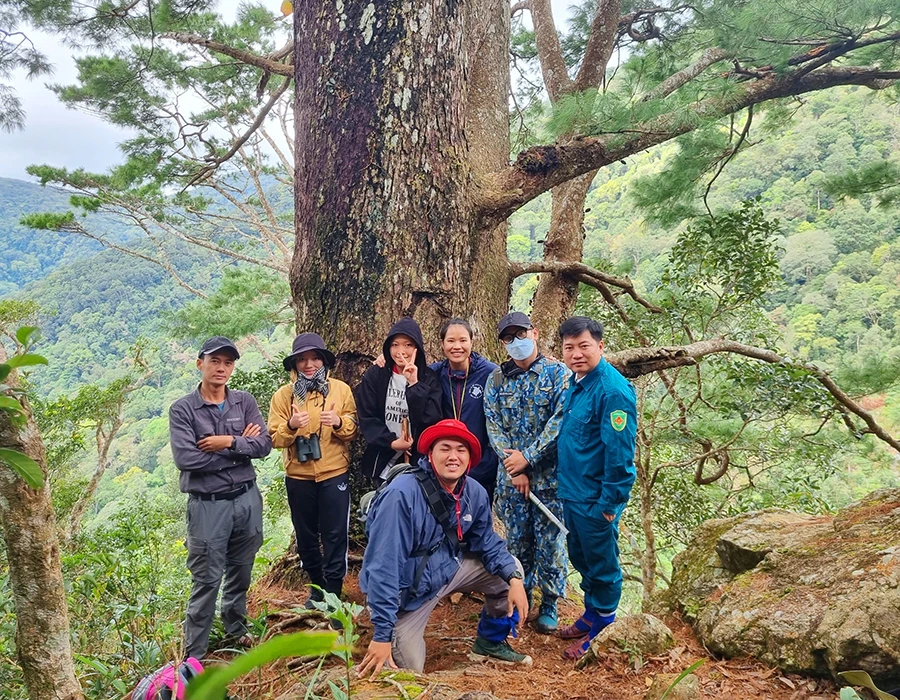 Anh Nguyễn Ái Tâm (ngoài cùng bên trái) cùng nhóm thực tập sinh tại rừng Kon Ka Kinh. Ảnh: LÊ KIẾN