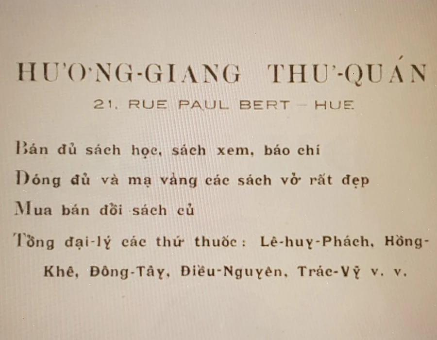 Quảng cáo Hương Giang thư quán trong Điều lệ của Hội Truyền bá Quốc ngữ tổng bộ Huế năm 1939.