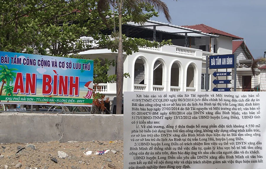 Nhà hàng cùng cơ sở lưu trú mới tiếp tục xây dựng không đúng với chủ trương của tỉnh Bà Rịa-Vũng Tàu về việc sử dụng khu đất bãi bồi là không xây dựng cơ sở, công trình lưu trú(ảnh nhỏ). Ảnh: HP