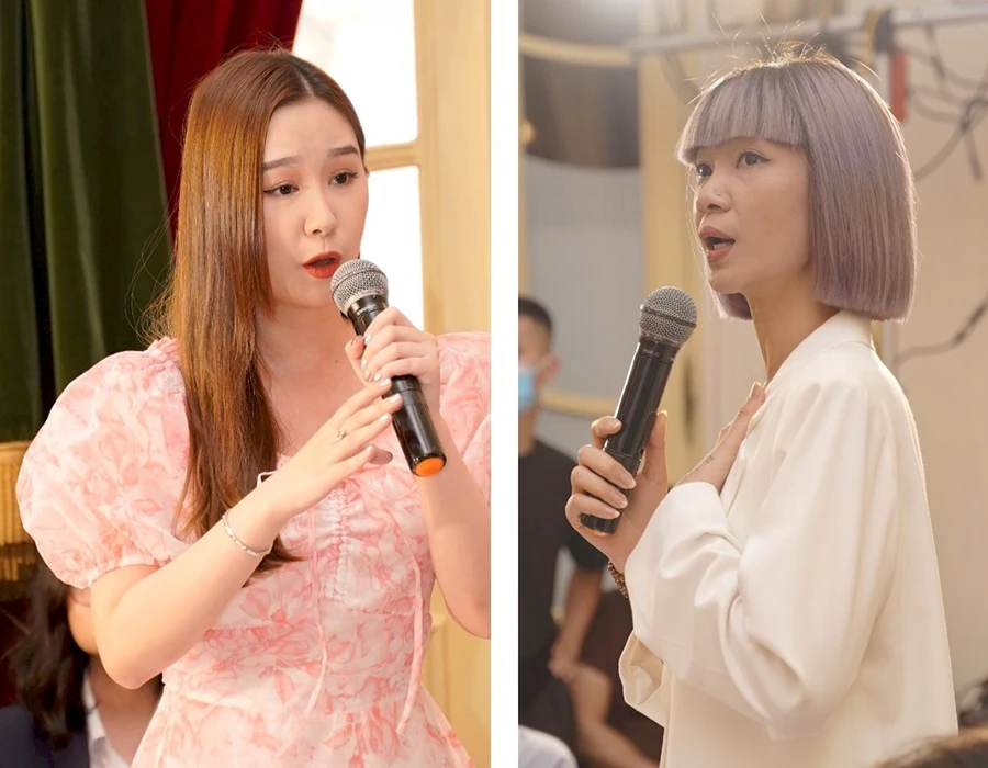 Diễn viên Hàn Trang (trái) và người mẫu Hạ Vy tại tọa đàm. Ảnh: VT