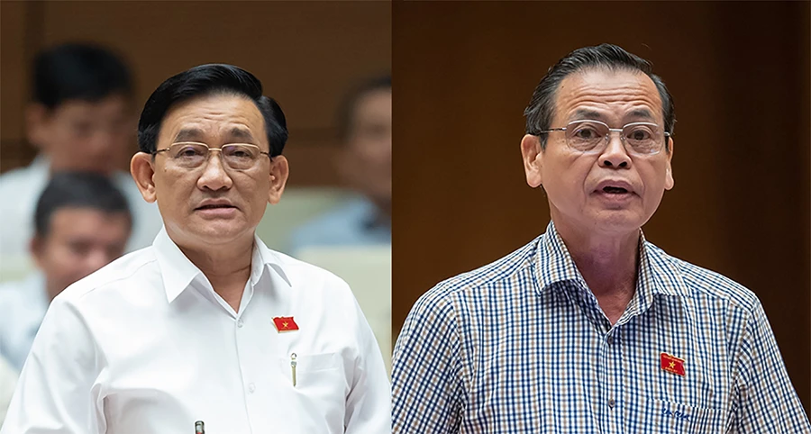 Đại biểu Trần Quốc Tuấn (trái) và đại biểu Trần Hữu Hậu tranh luận tại hội trường ngày 31-5. Ảnh: PHẠM THẮNG