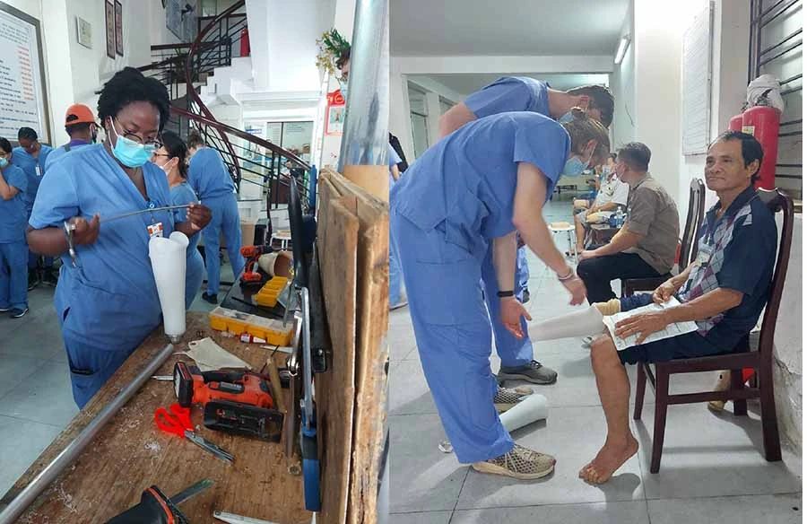 Tình nguyện viên trong đoàn thiện nguyện đang chỉnh sửa, hoàn thiện một chân giả (trái), sau đó chân này được cẩn thận lắp cho một người dân ở KiênGiang (phải). Ảnh: MINH TRUNG